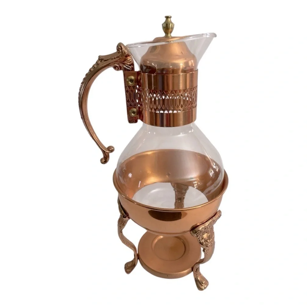 Vintage Princess House Copper Coffee Tea Pot Carafe & Warming Stand Set 14